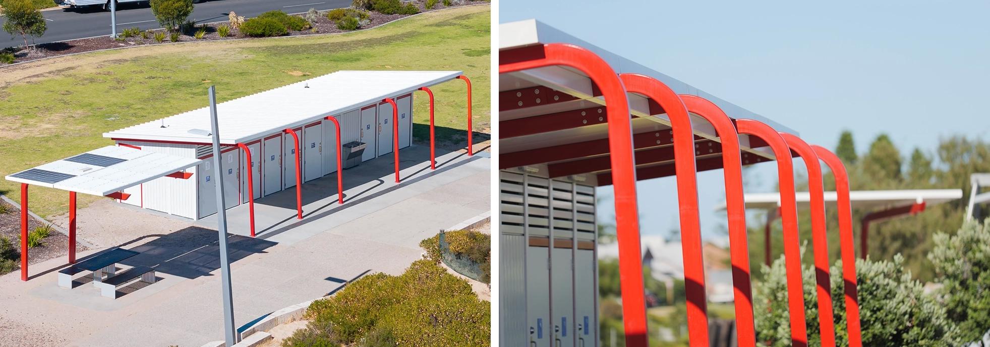 <p style="font-size: 14px; color: #777777; font-style: italic; text-align: center;"><a href="https://www.modusaustralia.com.au/projects/koombana-bay">Koombana Bay</a> (City of Bunbury) - custom red powder-coated columns and roofline echo the wider foreshore redevelopment, giving the amenity a bold, memorable identity in its coastal setting.</p>