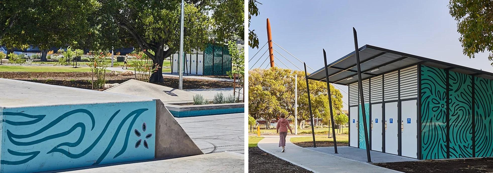 <p style="font-size: 14px; color: #777777; font-style: italic; text-align: center;"><a href="https://www.modusaustralia.com.au/projects/mccallum-park-active-area">McCallum Park</a> (Town of Victoria Park) - graphic panels by First Nations artists Kamsani Bin Salleh and Chris Nixon reflect the Mindeera Spring, while the raked verandah posts echo the wanna-inspired Boorloo Bridge pylons, tying the building into its cultural setting.</p>