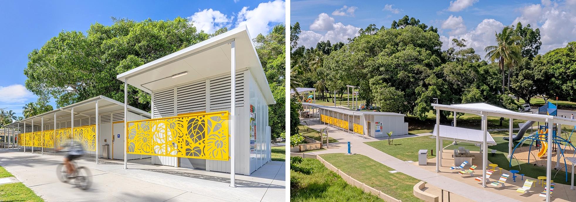 <p style="font-size: 14px; color: #777777; font-style: italic; text-align: center;"><a href="https://www.modusaustralia.com.au/projects/seaforth-esplanade">Seaforth Esplanade</a> (Mackay Regional Council) - custom yellow flora-pattern screen panels reflect the tropical setting, tying the facility into the wider coastal park precinct.</p>