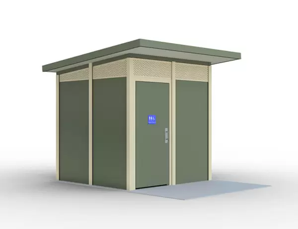 Incube modern toilet building us available in a range of material colour finished.