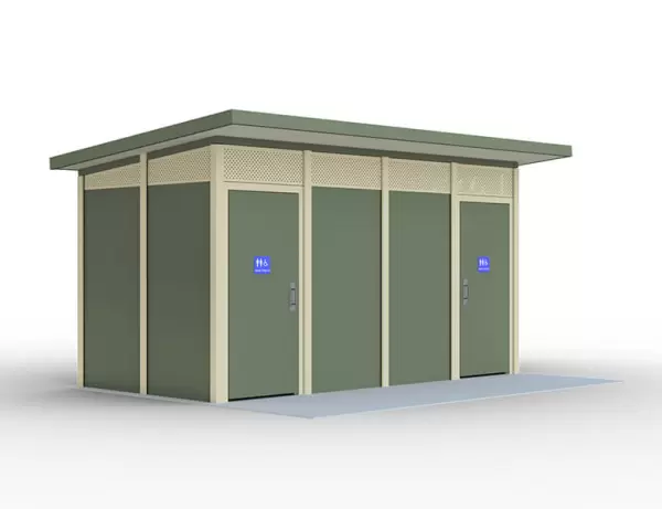 Incube modern toilet building us available in a range of material colour finished.